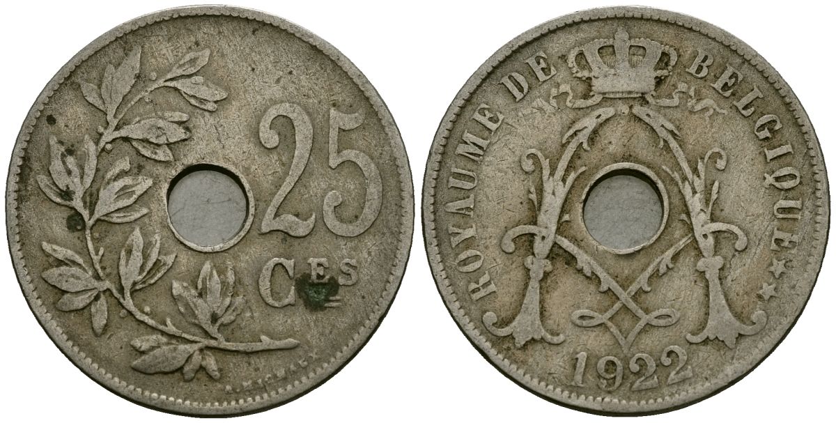 Бельгия 25 сантимов 1922 Belgique KM 68 медно-никель 4168-1244