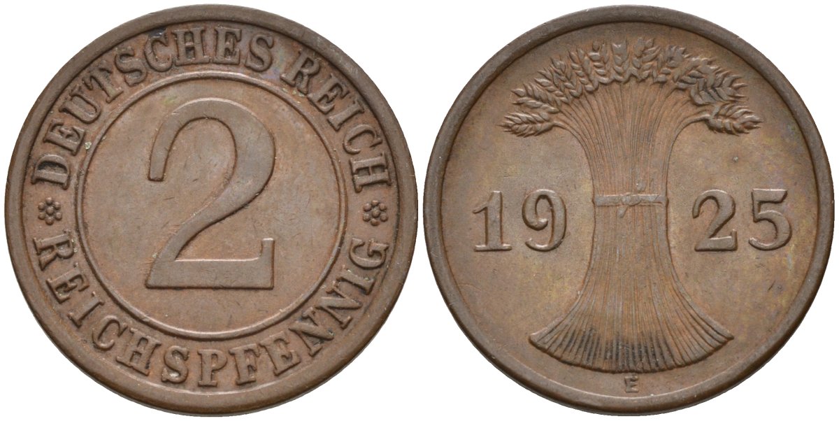 Германия 2 рейхспфеннига 1925 E KM 38, J.314, Weege 4 медь 4584-656