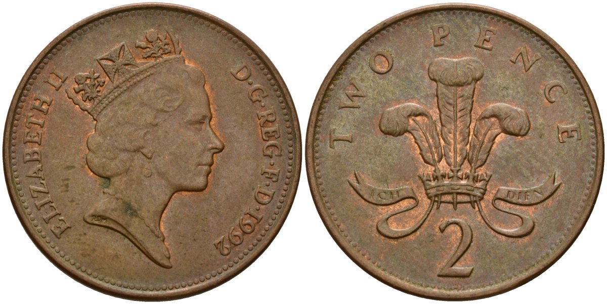 Великобритания 2 пенса 1992 Елизавета II (1952-2022) KM 936a, Spink 4376 бронза 4156-524