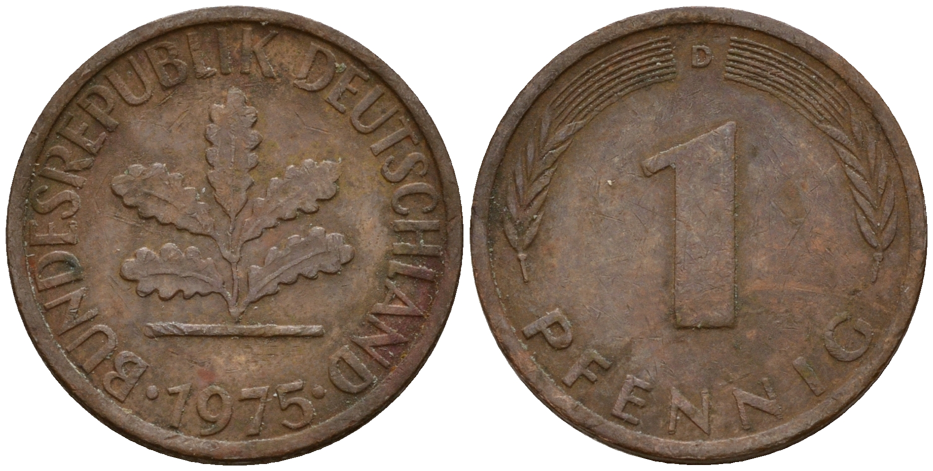 ФРГ 1 пфенниг 1975 D KM 105, J. 380 сталь плакированная медью    4598-546