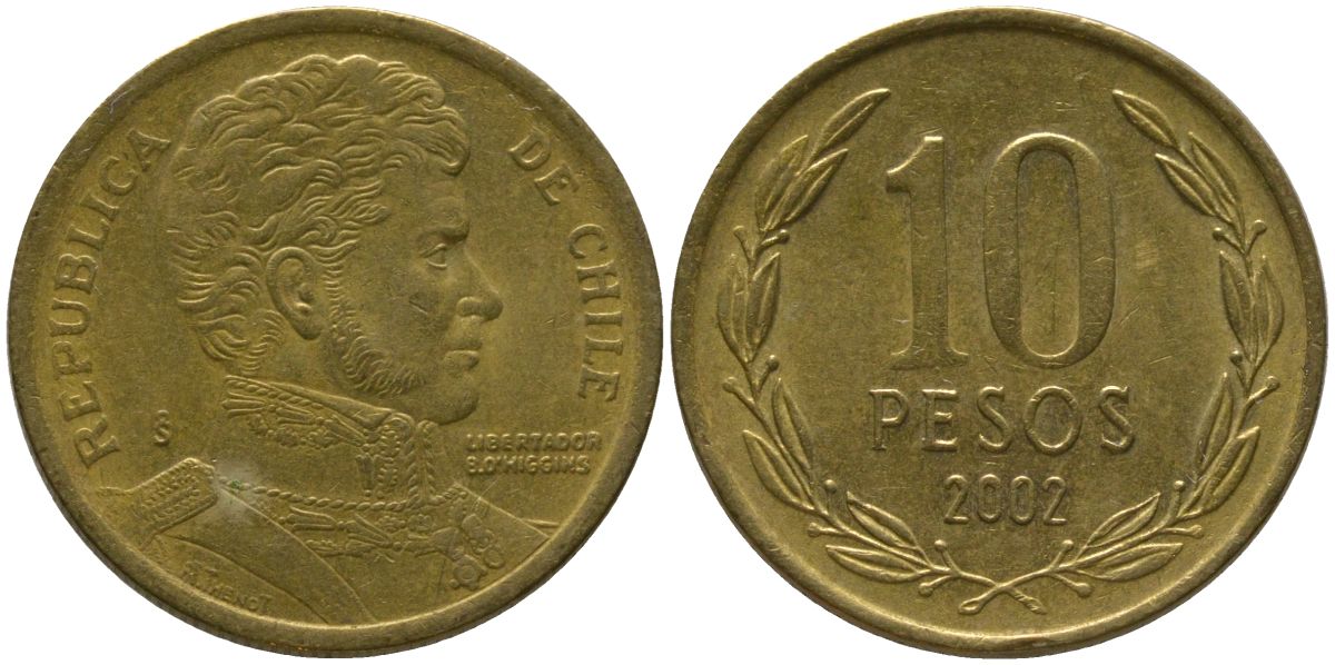 Чили 10 песо 2002 So KM 228.2, Schon 82 алюминиевая бронза 4544-716