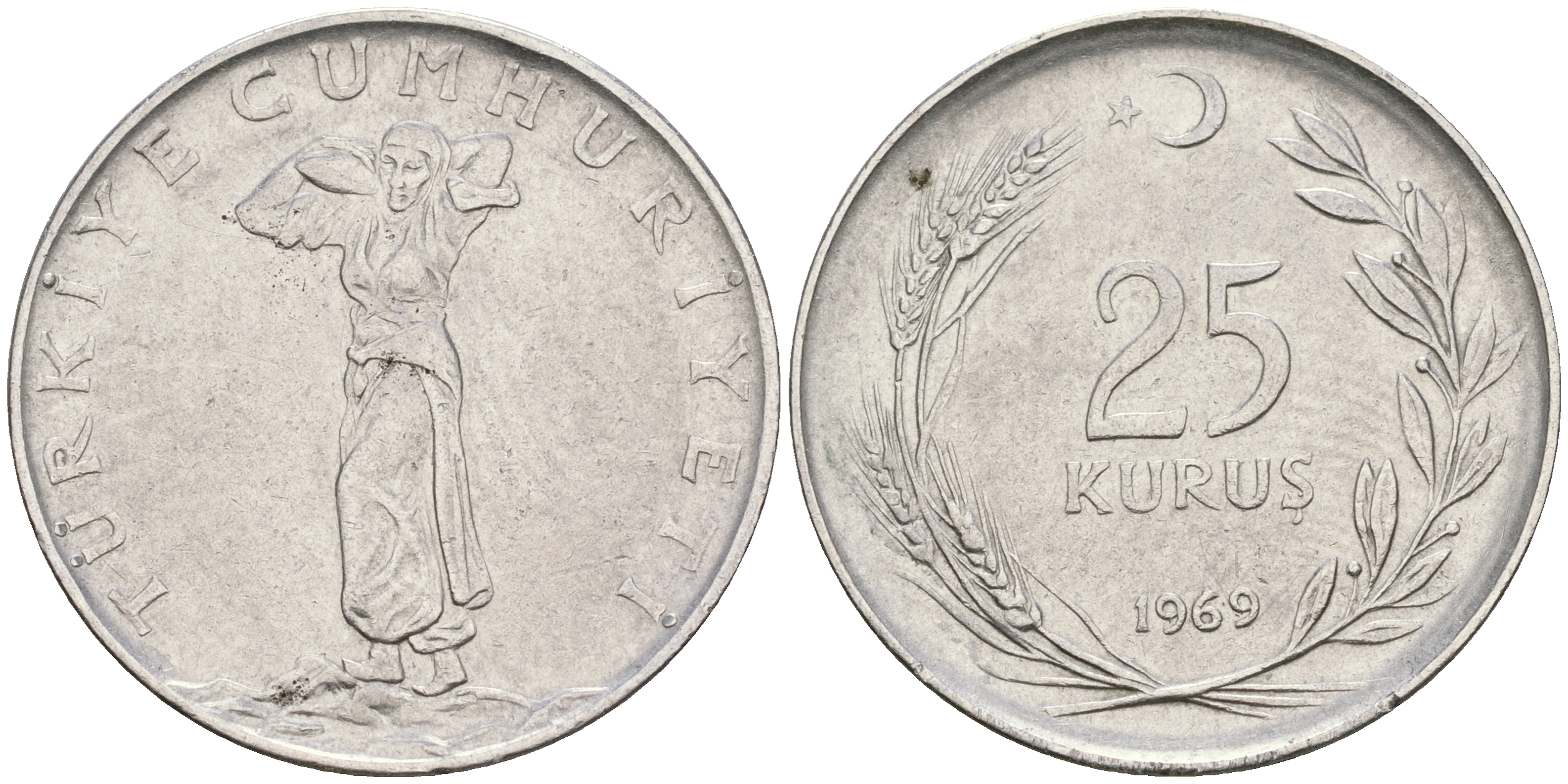 Турция 25 курушей 1969 KM 892.3 нержавеющая сталь 4364-3313