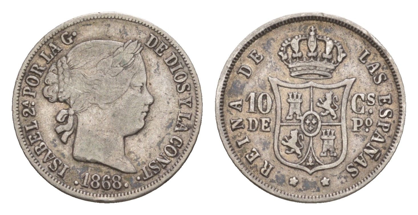 Филиппины 10 сентимо 1868 KM 145 серебро 1524-1131