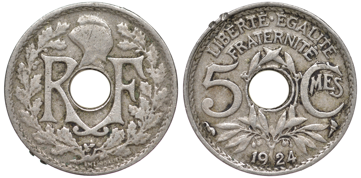 ФРАНЦИЯ 5 САНТИМОВ 1924 ТИП ЛИНДАЙЁ KM 875 медно-никель 45-462