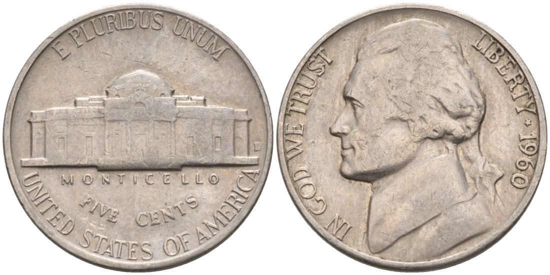 США 5 центов 1960 D, Джефферсон KM А192 медно-никель 92-1041