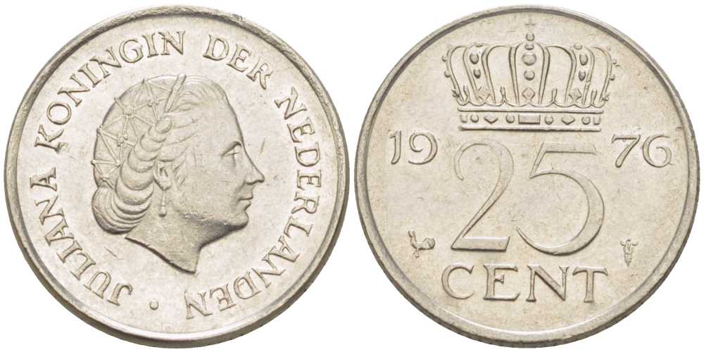 НИДЕРЛАНДЫ 25 ЦЕНТОВ 1976 ЮЛИАНА (1948-1980) KM 183 никель 214-1111