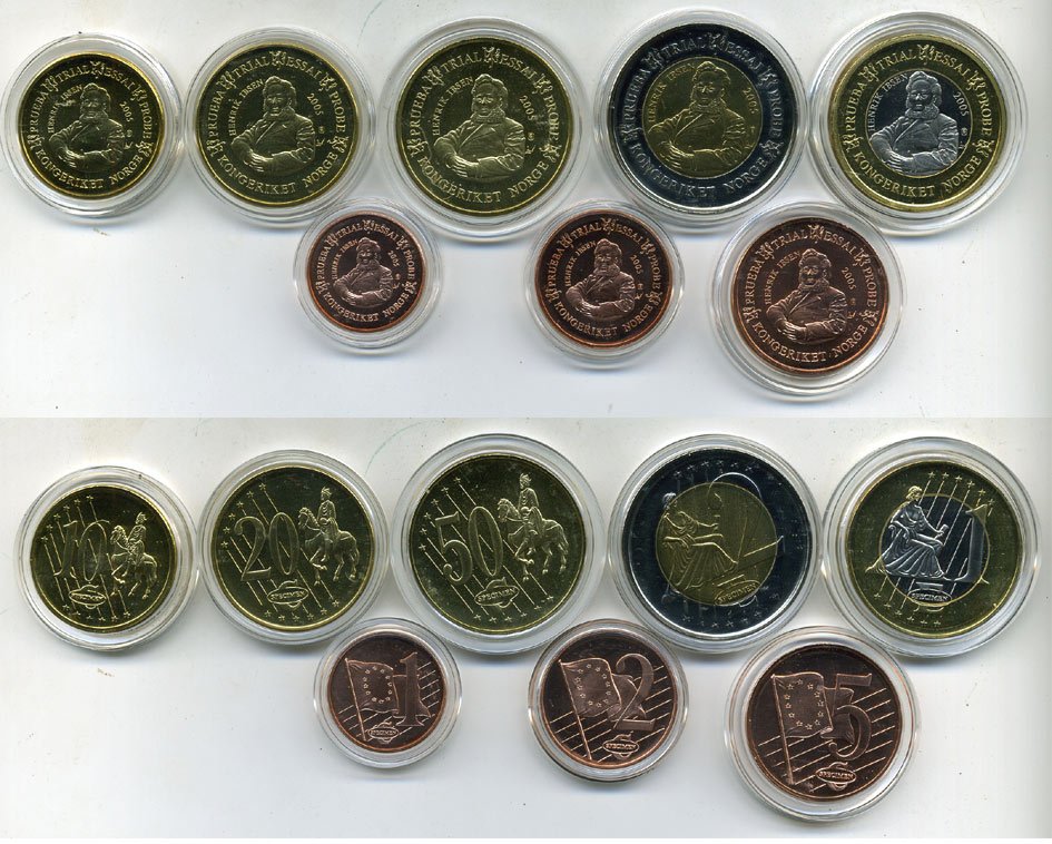НОРВЕГИЯ НАБОР ИЗ 8 МОНЕТ 2005 ЕВРОПРОБНИКИ (крупный формат) КАПСУЛЫ, ГЕНРИХ ИБСЕН биметалл PROOF 06-081-9