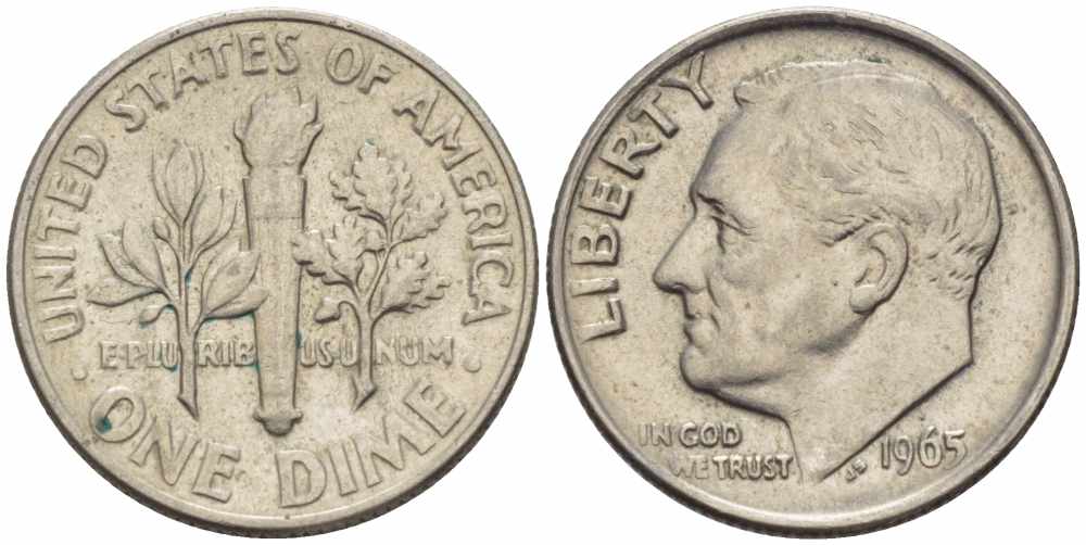 США 10 ЦЕНТОВ = 1 ДАЙМ 1965 РУЗВЕЛЬТ KM 195а медь плакированная медно-никелем 105-662