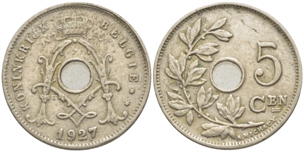 БЕЛЬГИЯ 5 САНТИМОВ 1927 BELGIE KM 67 медно-никель 112-243