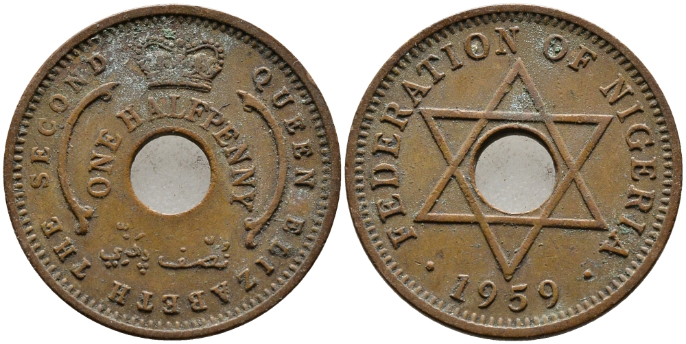 Нигерия 1/2 пенни 1959 Елизавета II (1952-), Британский протекторат KM 1 бронза 4387-252