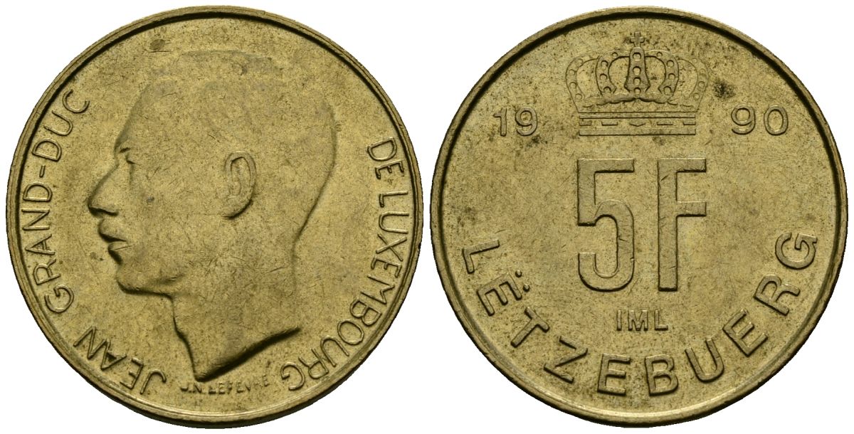 Люксембург 5 франков 1990 KM 65 алюминиевая бронза 4167-437