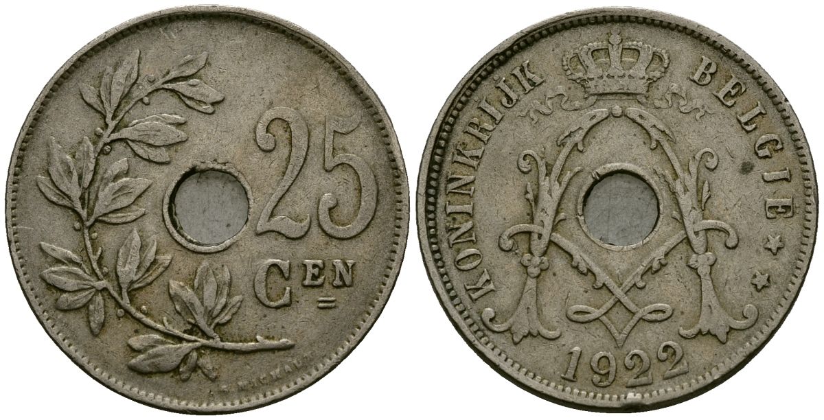 Бельгия 25 сантимов 1922 Belgie KM 69 медно-никель 4165-823