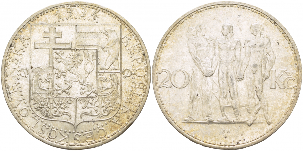 Чехословакия 20 крон 1934 три фигуры (индустрия, сельское хозяйство, бизнес) KM 17 серебро 1515-1732