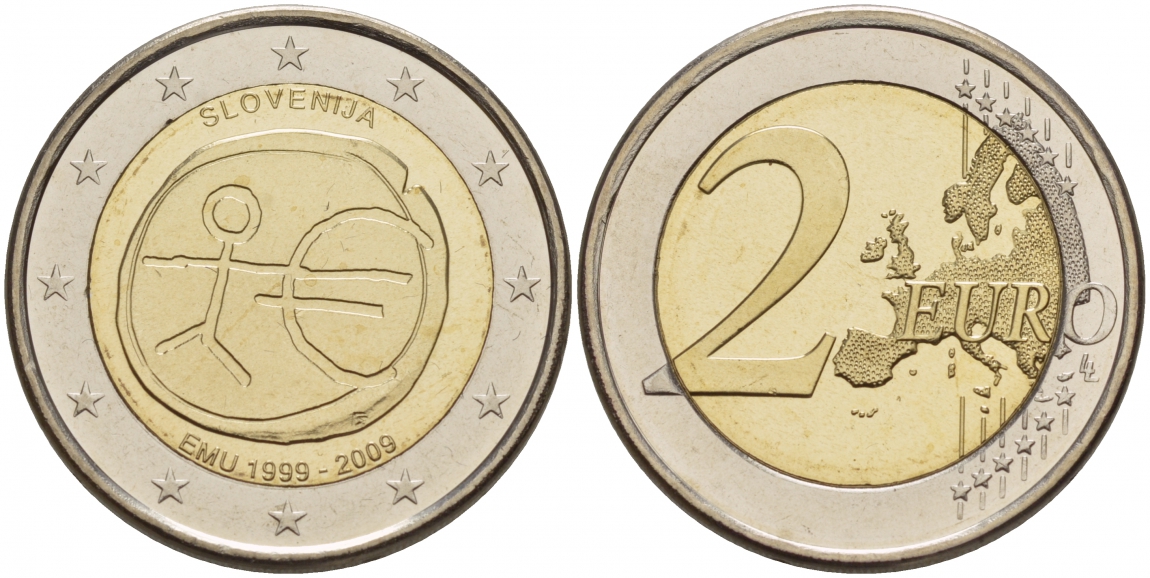 Словения 2 евро  2009 10 лет монетарной политики ЕС (EMU) и введения евро KM 82 биметалл UNC 00-00