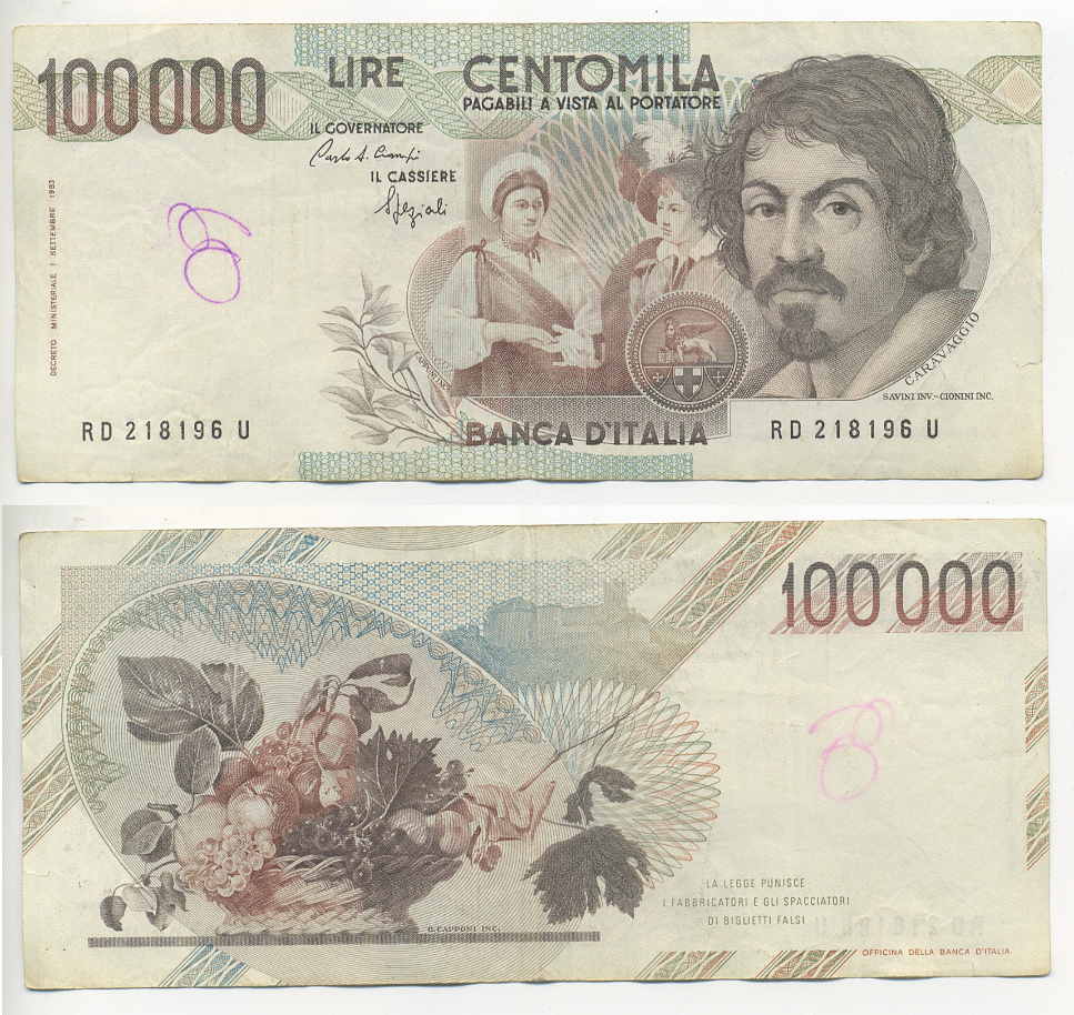 Италия 100000 лир 1983 Караваджо, фруктовый букет, подпись Stevani Pick 110а бумага 7220-3-1