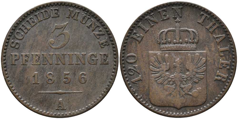 ПРУССИЯ 3 ПФЕННИГА 1856 А, ФРИДРИХ ВИЛЬГЕЛЬМ IV (1840-1861) KM 453 медь 4448-1141