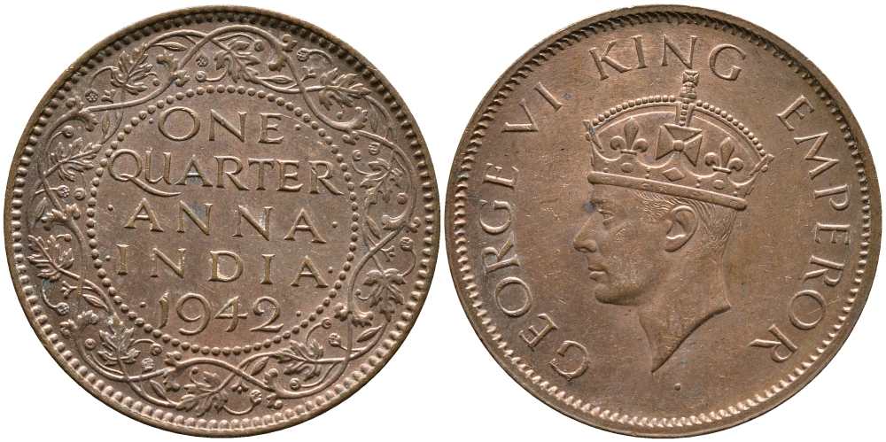 Британская Индия 1/4 анна 1942 Георг VI (1937-1952) KM 531 бронза aUNC 259-714