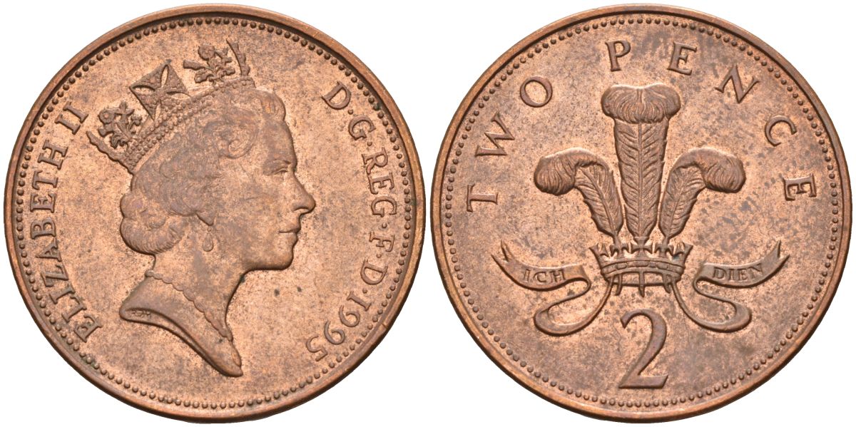Великобритания 2 пенса 1995 Елизавета II (1952-2022) KM 936а, Spink 4386 (C4) сталь плакированная медью 4116-751