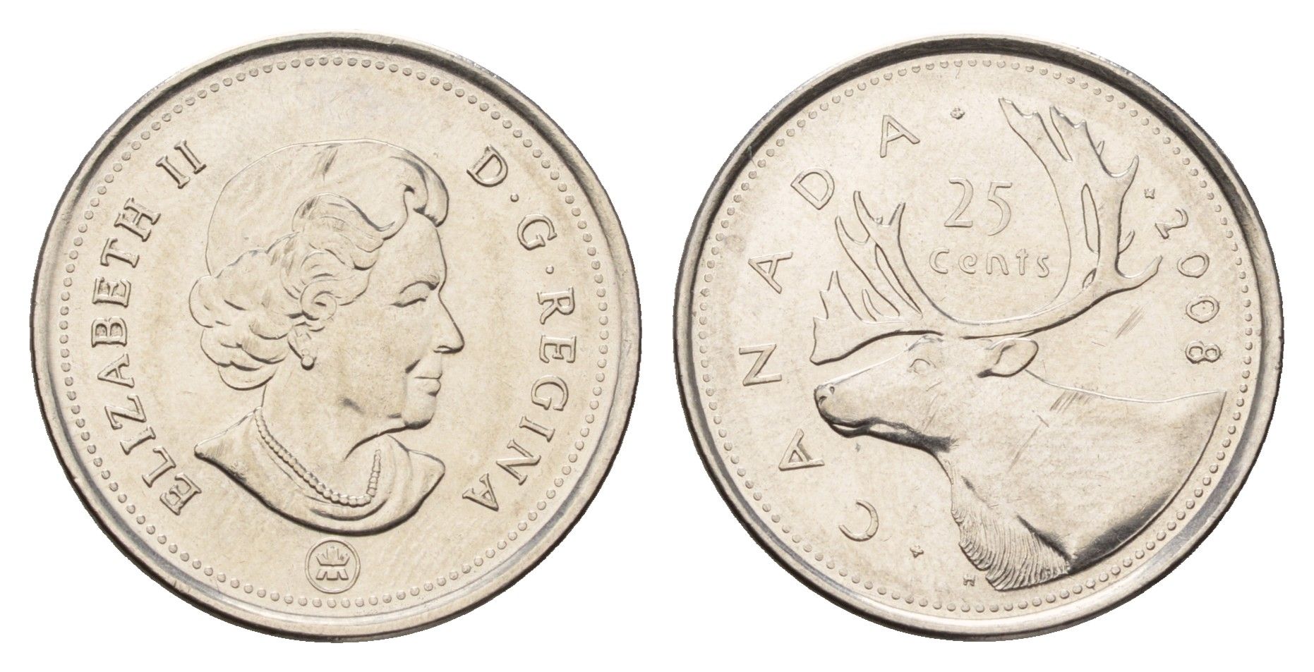 Канада 25 центов 2008 Leaf, Елизавета II (1952-2022), олень KM 493 сталь плакированная никелем UNC 4678-1142