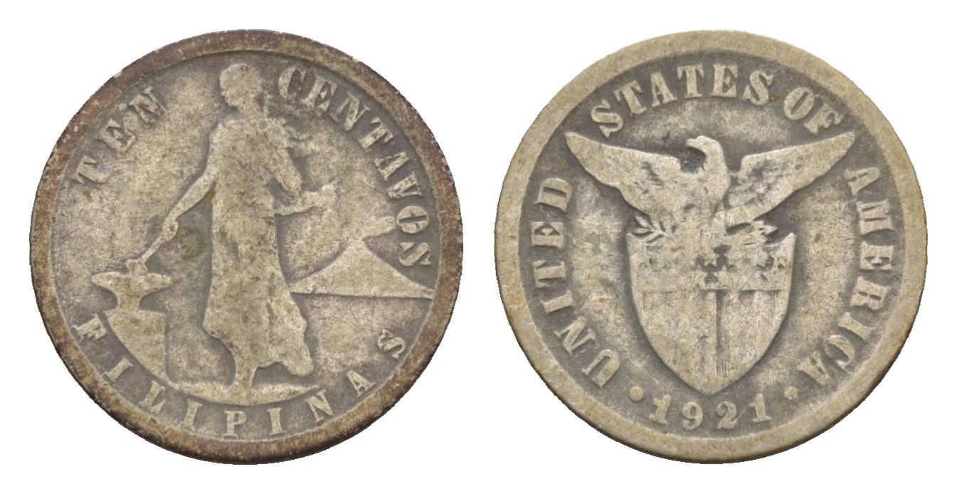 Филиппины 10 сентаво 1921 Администрация США KM 169 серебро 4655-646