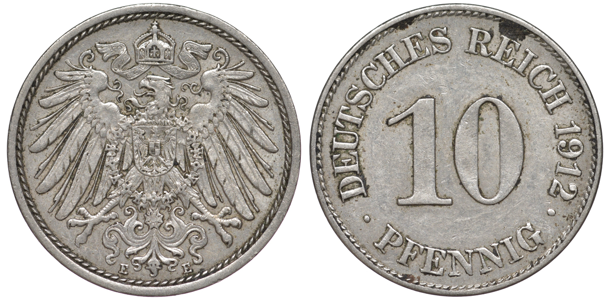 ГЕРМАНИЯ 10 ПФЕННИГОВ 1912 E KM 12, J. 13 медно-никель 45-1238