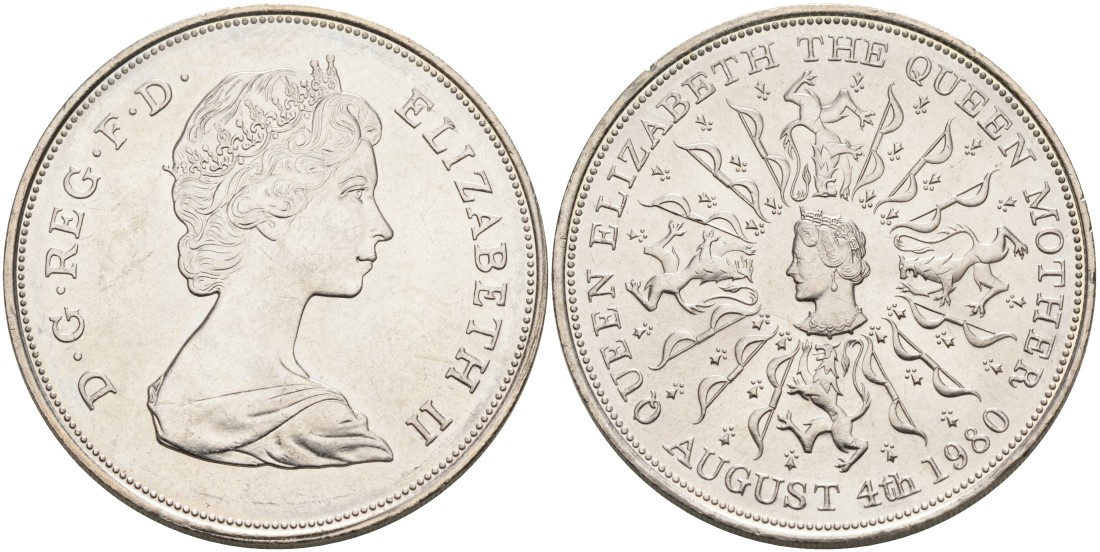 Англия 25 пенсов 1980 80 ЛЕТ КОРОЛЕВЕ ЕЛИЗАВЕТЕ - КОРОЛЕВЕ МАТЕРИ KM 921, Spink 4228 медно-никель UNC 4558-432
