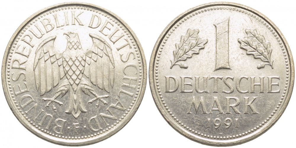 ФРГ 1 МАРКА 1991 F J.385, KM 110 медно-никель 3856-237