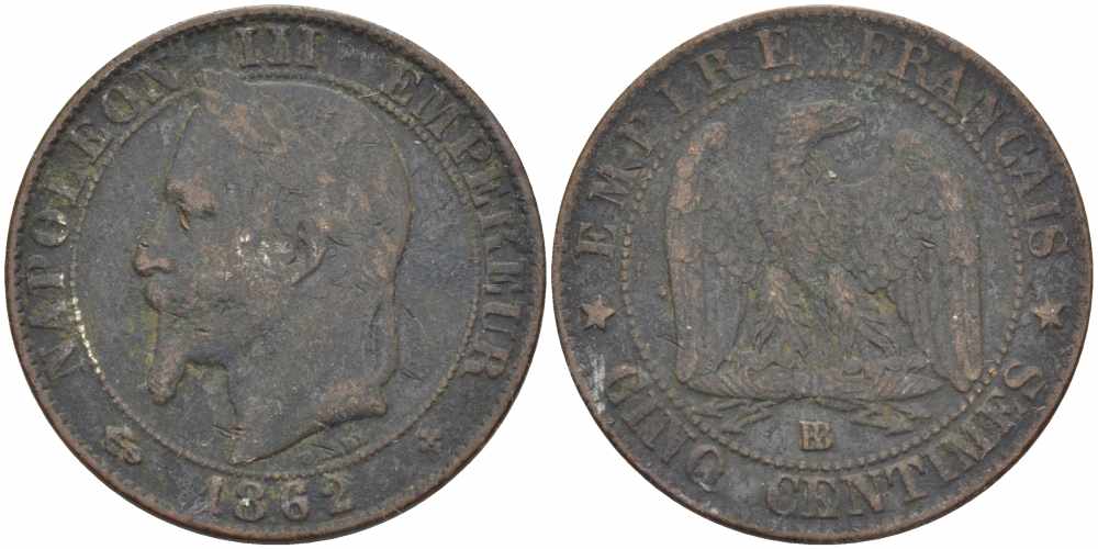 ФРАНЦИЯ 5 САНТИМОВ 1862 BB, НАПОЛЕОН III (1852-1870) KM 797.2, LE FRANC 117.6 бронза 108-524
