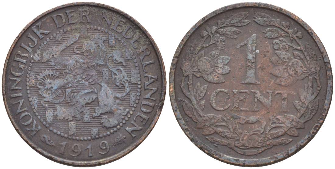 НИДЕРЛАНДЫ 1 ЦЕНТ 1919 ВИЛЬГЕЛЬМИНА I (1891-1948) KM 152 бронза 4547-915
