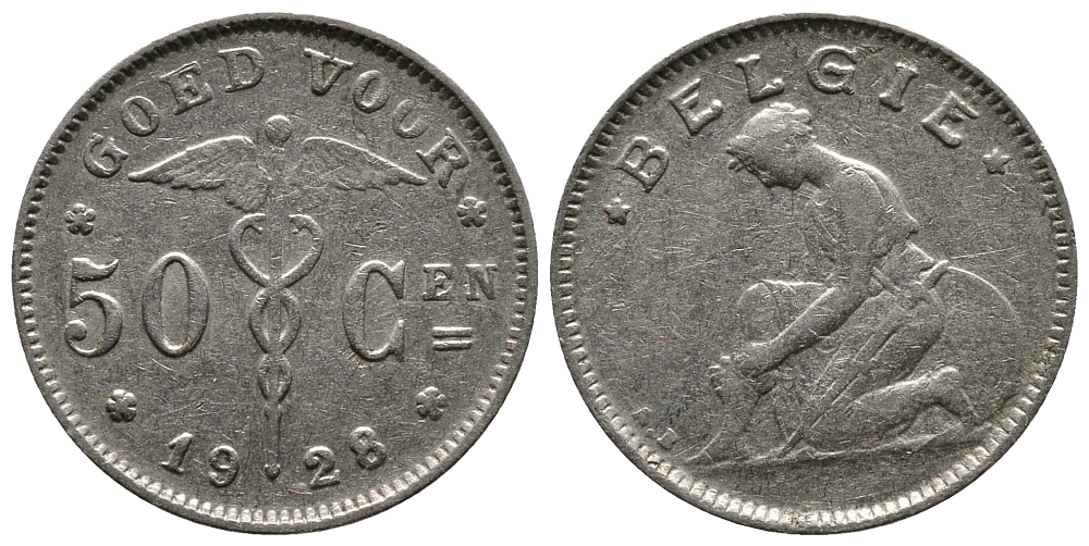 БЕЛЬГИЯ 50 САНТИМОВ 1928 BELGIE KM 88 никель 83-232