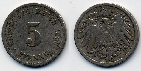 ГЕРМАНИЯ 5 ПФЕННИГОВ 1896 J, KM 11, J. 12 медно-никель 51-5258
