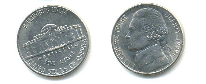 США 5 ЦЕНТОВ 1999 P ДЖЕФФЕРСОН KM А192 медно-никель 86-634