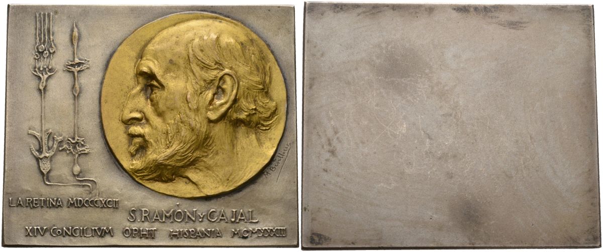 Франция плакетка ND Сантьяго Рамон-и-Кахаль (1852-1934), XIV консилиум врачей ОРНТ в Испании 1933 года, размер 65,5 Х 55 мм. белый металл 1097-1-12