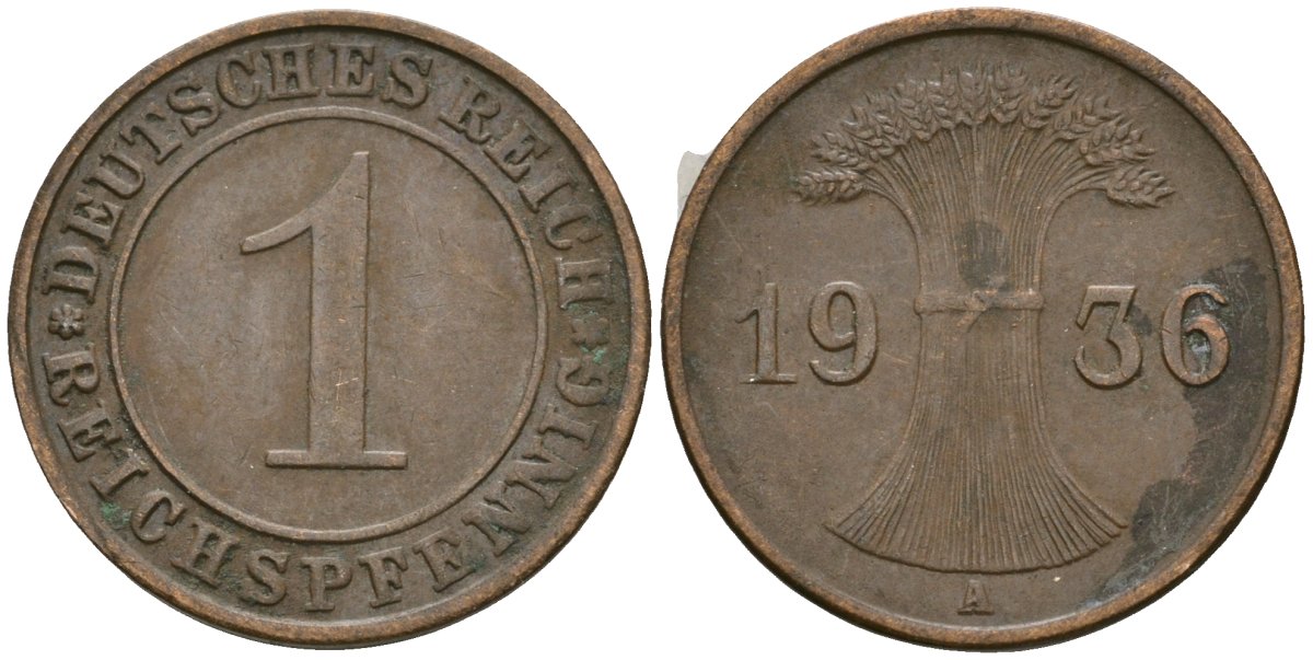 Германия 1 рейхспфенниг 1936 A KM 37, J. 313 бронза 4528-667