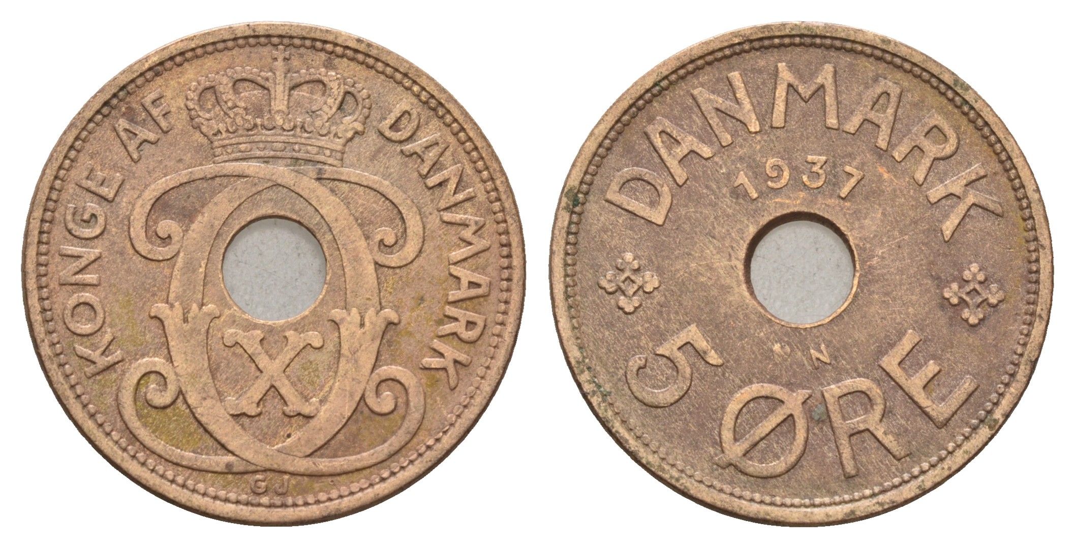 Дания 5 эре 1937 N, Кристиан X (1912-1947) KM 828 бронза 4700-842