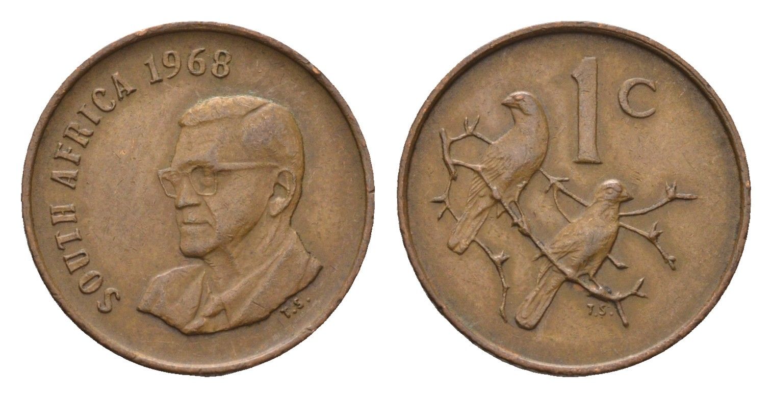 ЮАР 1 цент 1968 Окончание президентства Чарльза Сварта, South Africa, легенда на английском KM 74.1 бронза 4690-1062