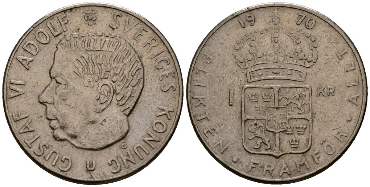 Швеция 1 крона 1970 U, Густав VI Адольф (1950-1973) KM 826а медь плакированная медно-никелем 4176-516