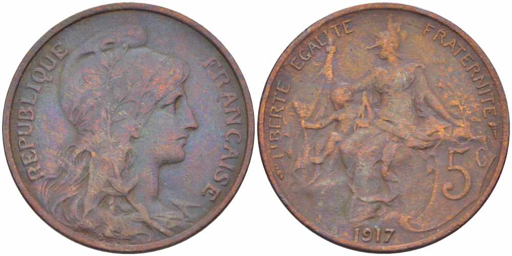 ФРАНЦИЯ 5 САНТИМОВ 1917 ТИП ДАНИЭЛЬ ДЮПЮИ KM 842, LE FRANC 119.30 бронза 108-1015