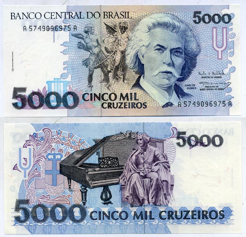Бразилия 5000 крузейро ND (1990-1993) серия А 5749, Карлось Гомес, музыкант, рояль Pick 232с бумага UNC (пресс) 6289-34-4-2