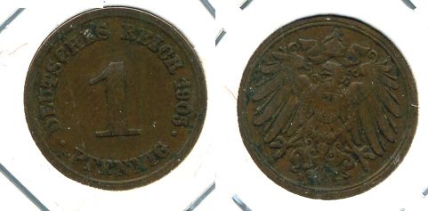 ГЕРМАНИЯ 1 ПФЕННИГ 1905 E KM 10, J.10 медь 701-233