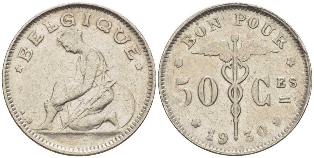Бельгия 50 сантимов 1930 Belgique, Альберт I (1909-1934) KM 87 никель     206-134