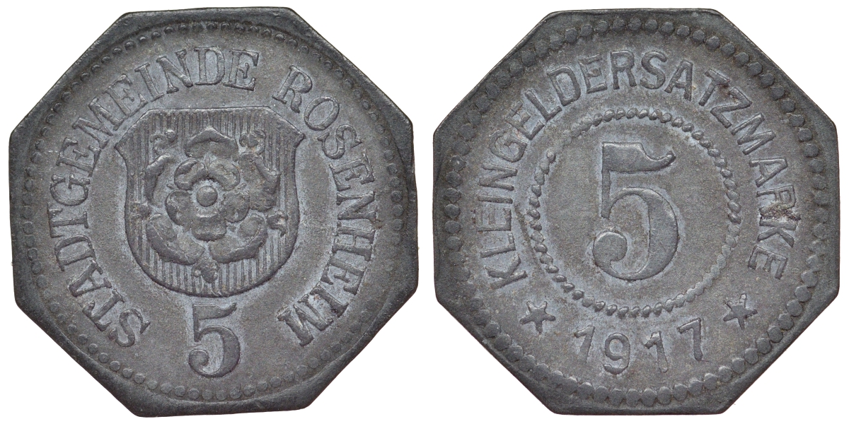 Розенхайм 5 пфеннигов 1917  Funck 450.4, Men05 21887.4, Men18 27362.4 цинк 4119-1047