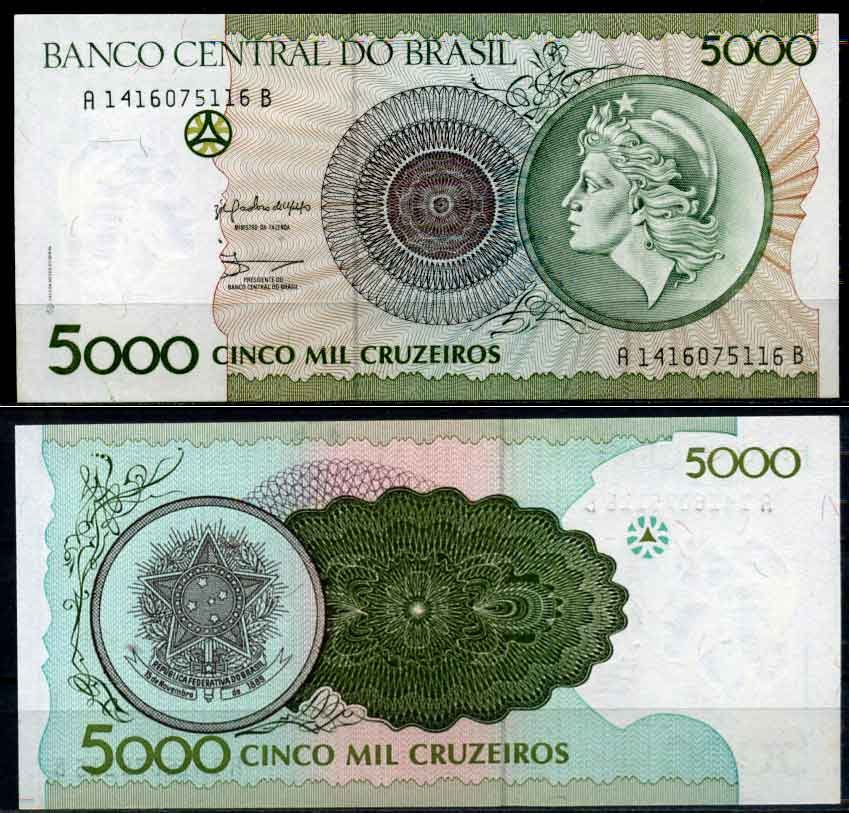 Бразилия 5000 крузейро 1990 голова свободы Pick 227 бумага UNC (пресс) 2196-36-1-1