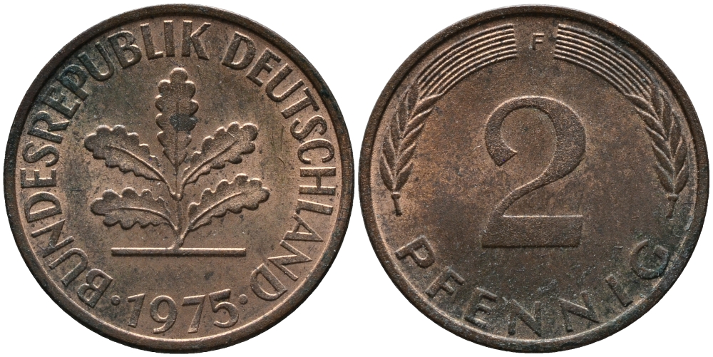 ФРГ 2 пфеннига 1975 F KM 106а, J.381а сталь плакированная медью 99-224