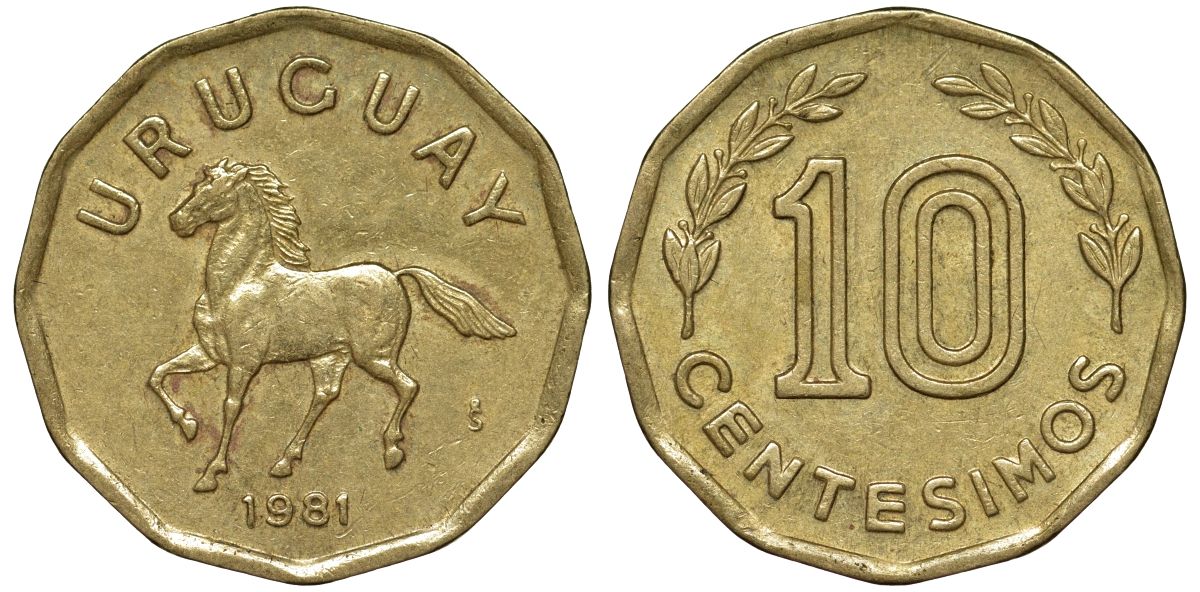 Уругвай 10 сентесимо 1981 KM 66 алюминиевая бронза 4169-553