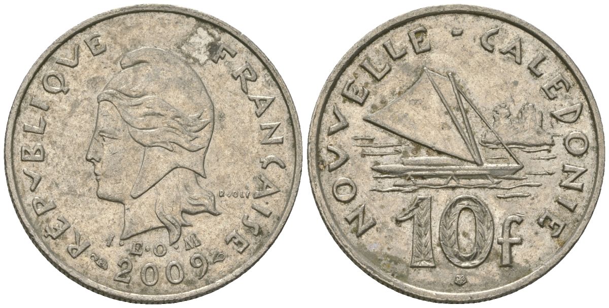 Французская Новая Каледония 10 франков 2009 рыбачья парусная лодка, (IEOM) KM 11a, Schoen 13a, Lec 99k медно-никель 61-1215