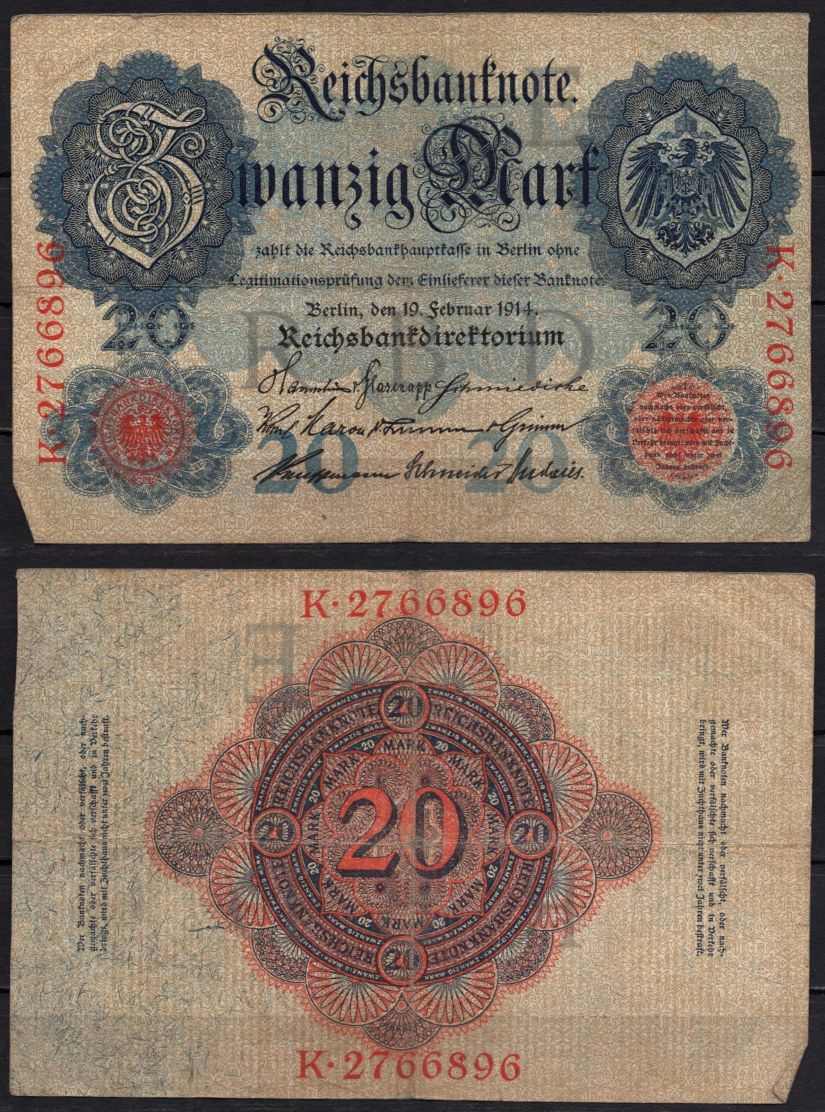 Германия 20 марок 1914 Pick 46 b бумага 6293-57-1-1