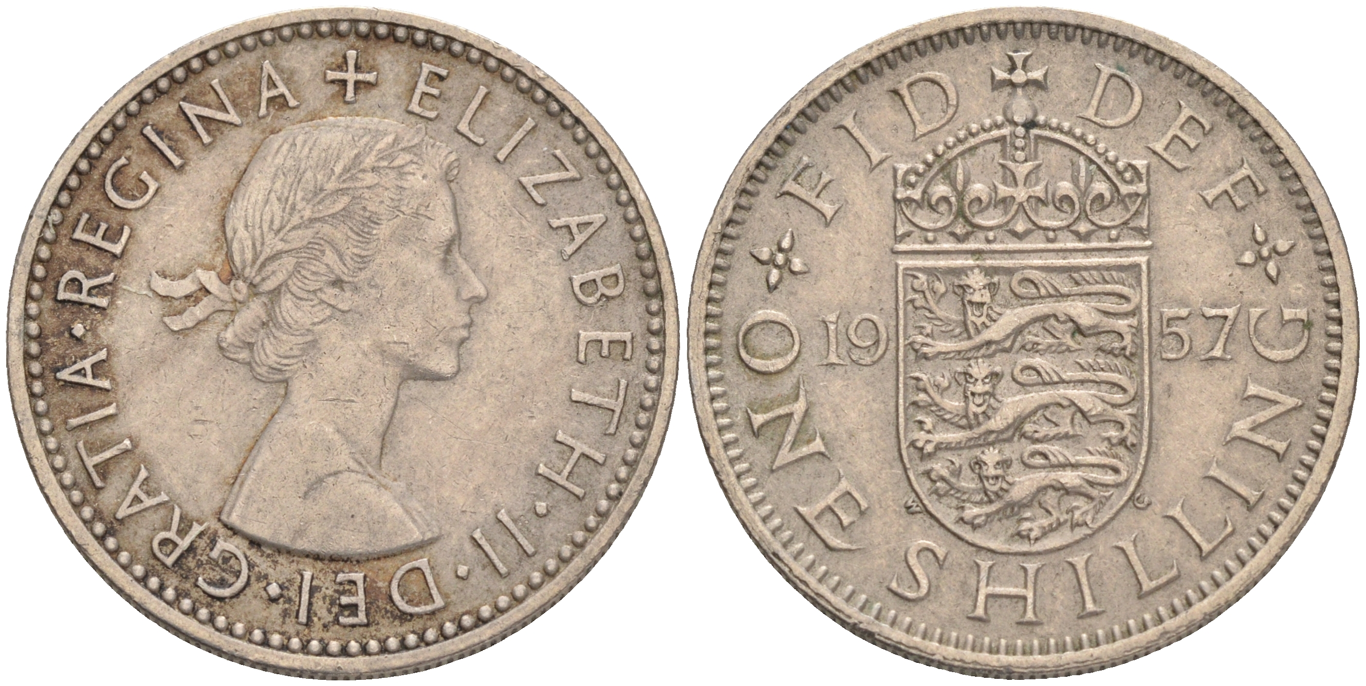 Великобритания 1 шиллинг 1957 Елизавета II (1952-2022), Английский герб KM 904, Spink 4147 медно-никель 4561-742