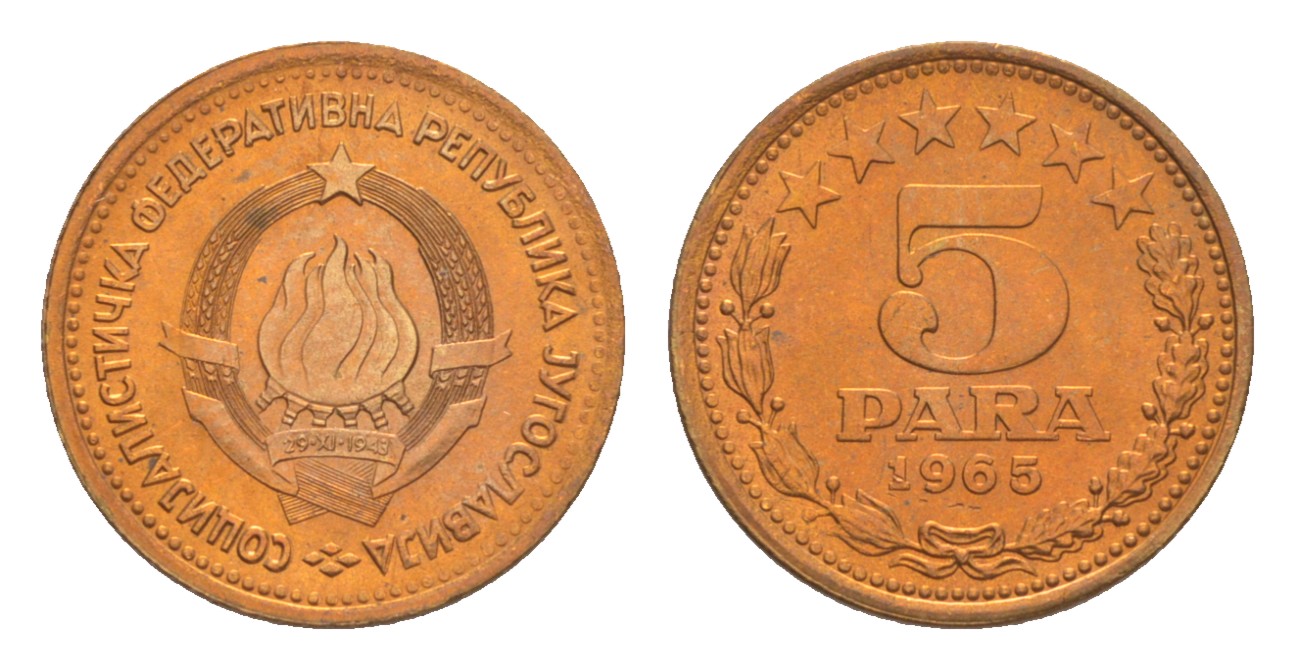 Югославия 5 пара 1965  год-тип KM 42 латунь  UNC  M67-11