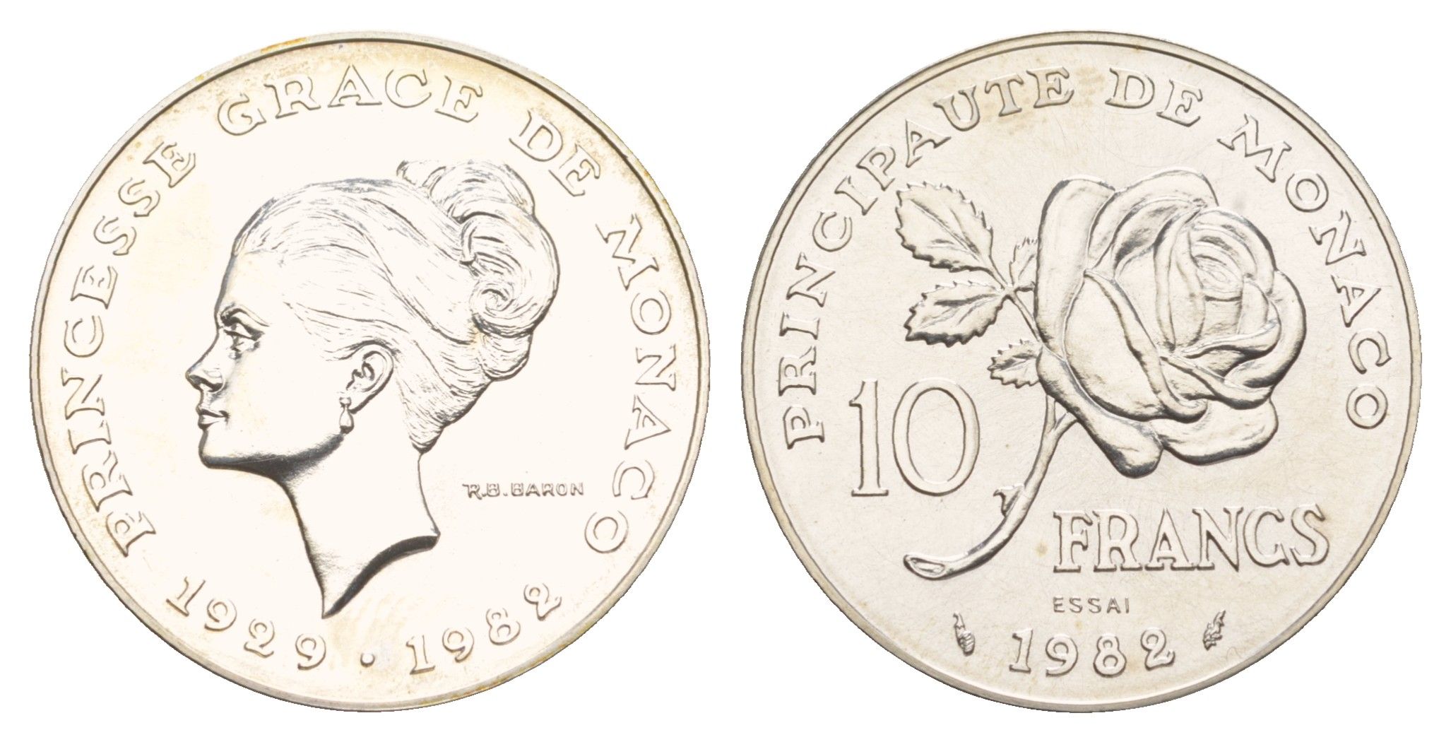 Монако 10 франков 1982 Смерть принцессы Грейс, Essai - Пробник KM E73 серебро BU 11-132-35